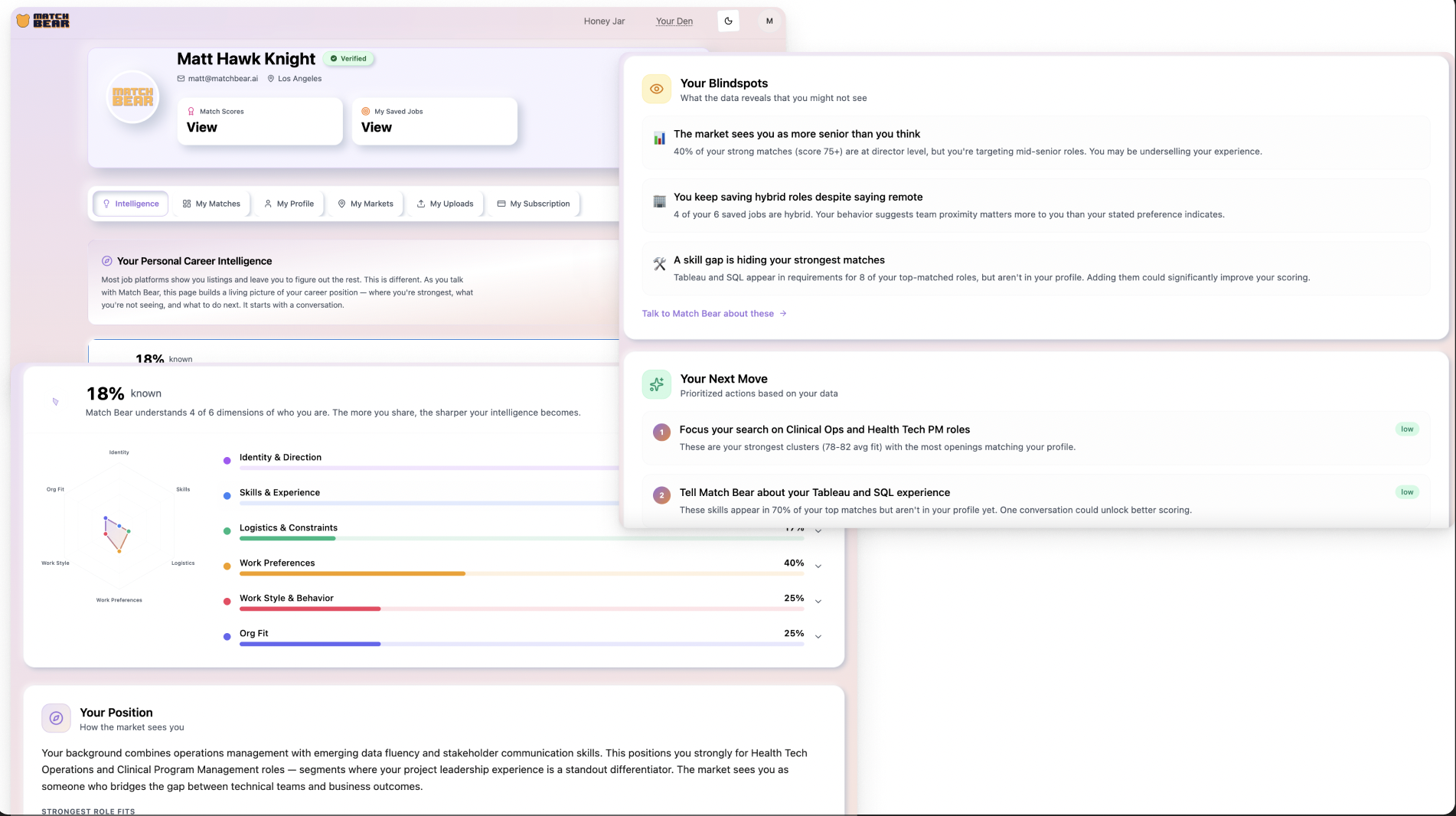 Intelligence dashboard showing profile strength radar and blindspots